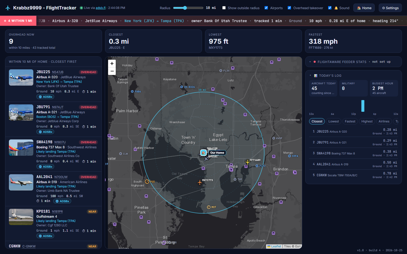 The FlightTracker dashboard: a list of nearby aircraft with photos and routes on the left, a dark map of Tampa Bay with planes and airports in the middle, and today's log on the right.